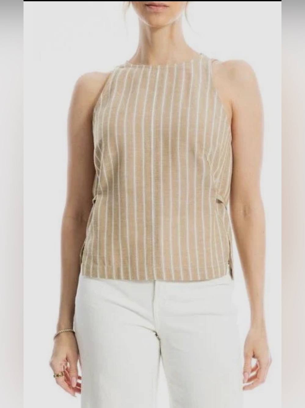Max Studio Tan and White Striped Sleeveless Shell Top
